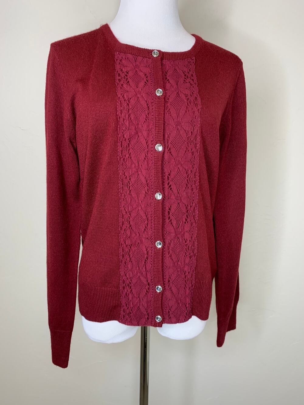 Van Heusen Burgundy Cardigan Sz Medium Lace Preppy Cottage Cabin